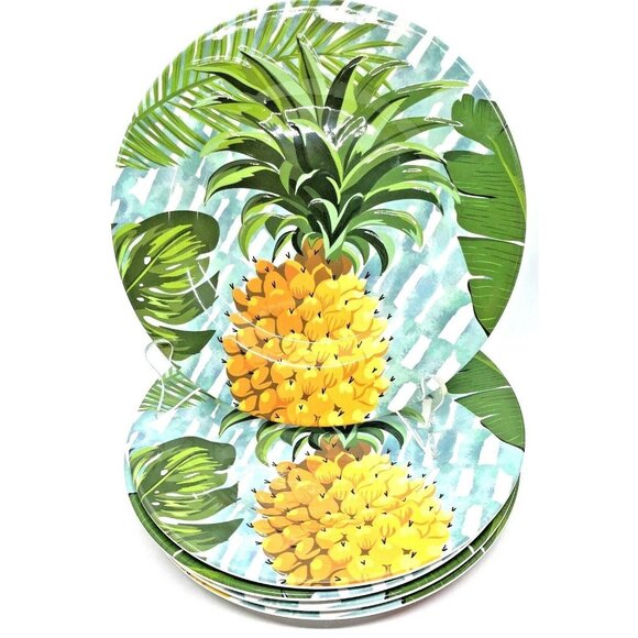Five Fitz & Floyd Tropical Fun Pineapple Embossed Melamine Salad Plates NEW - Picture 1 of 12